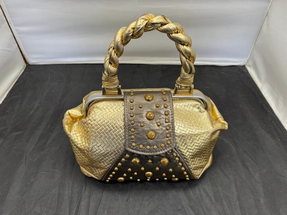 Vintage CEM Gold Woven Metallic Leather Braided Handle Studded Handbag Y2K Purse